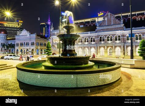 Night view of Kuala Lumpur with water fountain at Merdeka Square also known as Dataran Merdeka ...