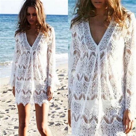 Women White Lace Crochet Pareo Beach Cover Up Salida De Playa Pareo Cover ups Swimwear Cover up ...