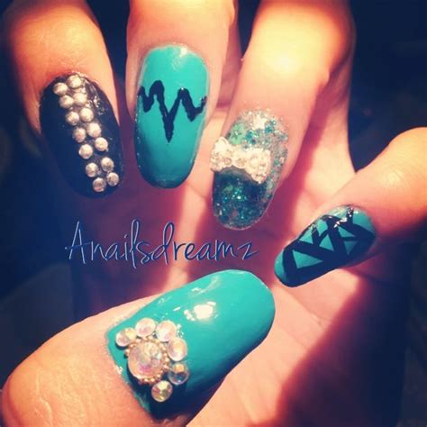 Almond aqua nails w/ design/ rhinestones/bow tie /glitter acrylic $42 | Aqua nails, Makeup nails ...