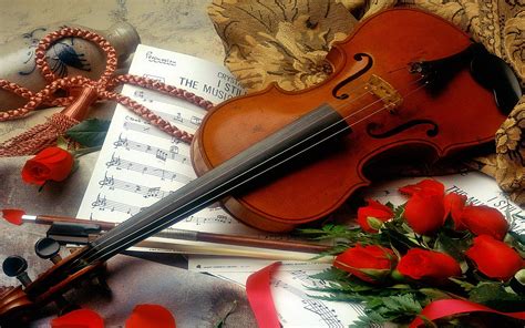 Violin, red roses and music notebook - Love music