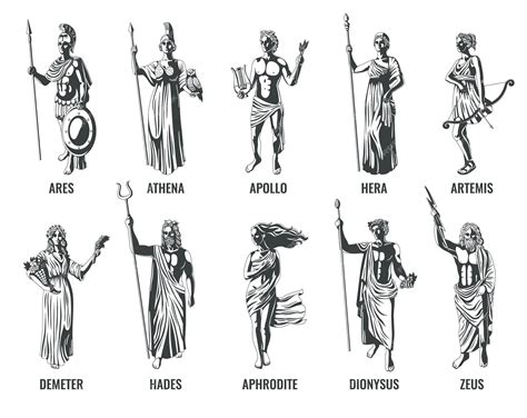 Premium Vector | Ancient greek olympian gods with their names flat black and white set isolated ...