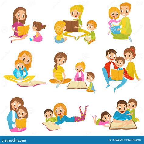 Parents Reading Books To they Kids Together Set Cartoon Vector ...