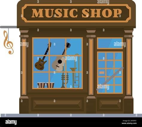 Flat design isolated music shop. Cute musical instruments store ...