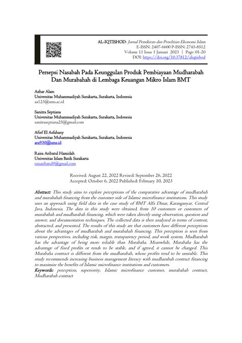 (PDF) Persepsi Nasabah Pada Keunggulan Produk Pembiayaan Mudharabah Dan Murabahah di Lembaga ...