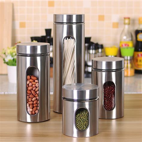 Stainless Steel Storage Jar Tea Coffee Sugar Kitchen Glass Canister Container Kitchen Storage ...