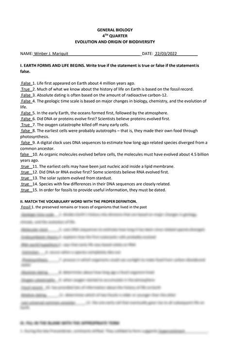 SOLUTION: Evolution and origin of biodiversity worksheet - Studypool