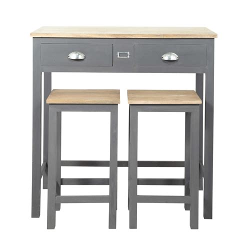 two stools and a table with drawers