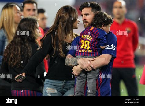 Barcelona, 20th May: Lionel Messi of FC Barcelona with his son Ciro and his wife Antonella ...