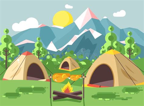 Vector Illustration Cartoon Nature National Park Landscape with Three Tents with Bonfire, Open ...