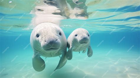 Premium AI Image | Mother Dugong Teaches Baby Dugong to Swim