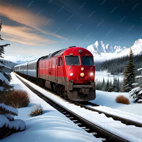 Premium Photo | A red train is going through a snowy landscape with ...