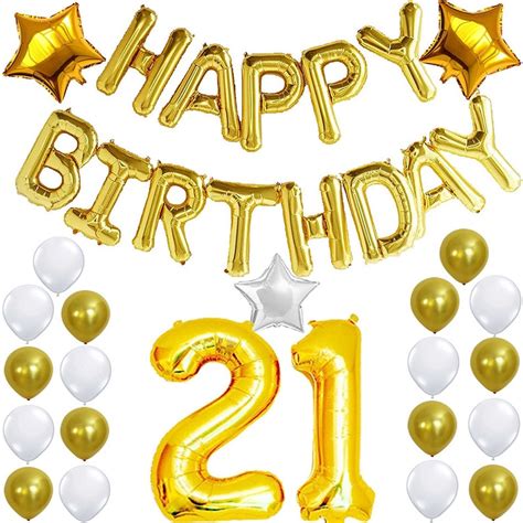 Happy Birthday Balloon Banner Number 21 Balloon Mylar Foil Gold White ...