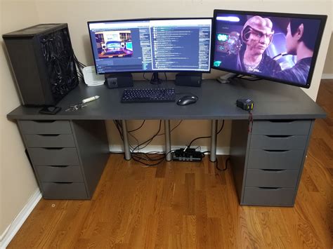 Finally upgraded my desk Ignore the horrible cable management! | Gaming computer desk, Desk ...