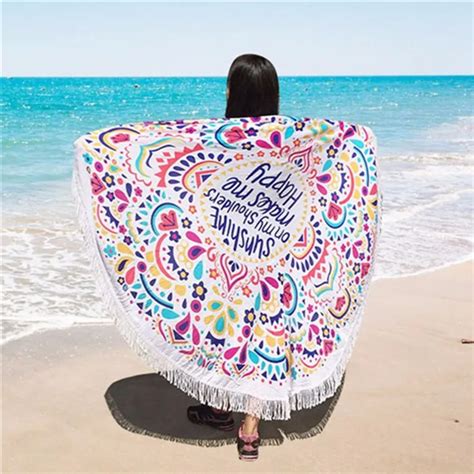 HOT 150CM Summer Big Bath towel Microfiber Printed Round Beach Towels With Tassel Circle Beach ...