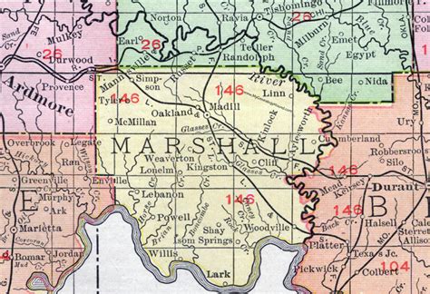 Marshall County, Oklahoma 1911 Map, Rand McNally, Madill, Kingston, Lebanon