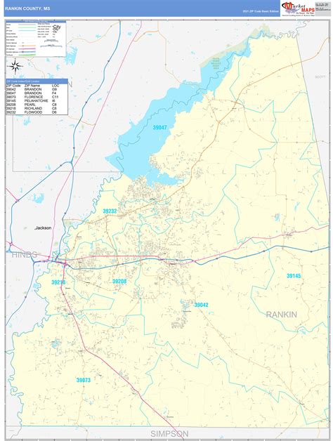 Rankin County, MS Zip Code Wall Map Basic Style by MarketMAPS - MapSales