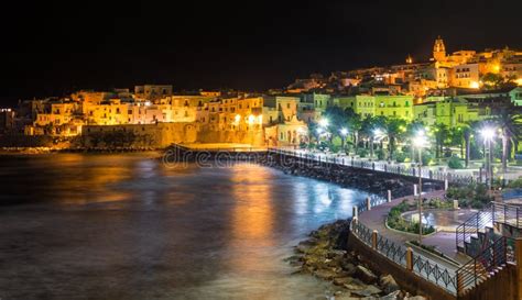 Vieste at Night, the Famous `Pearl of Gargano` in Foggia Province, Puglia, Southern Italy. Stock ...