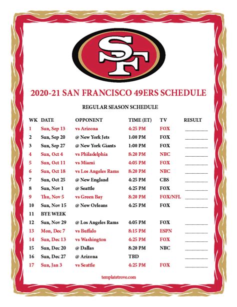 Printable 2020-2021 San Francisco 49ers Schedule