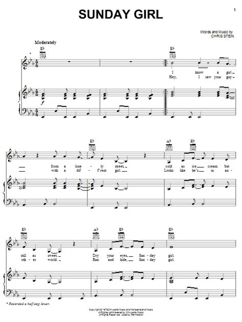 Blondie "Sunday Girl" Sheet Music Notes | Download Printable PDF Score 107947