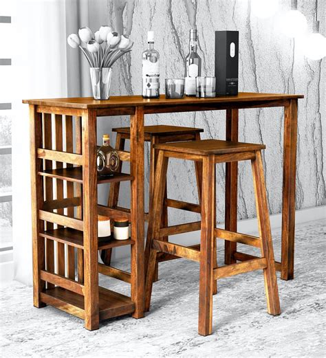 Buy Abbey Solid Wood Bar Table Set in Rustic Teak Finish - Woodsworth ...