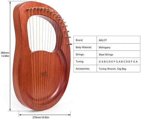 Lyre Harp, AKLOT 16 Metal Strings Mahogany Lye Harp with Tuning Wrench