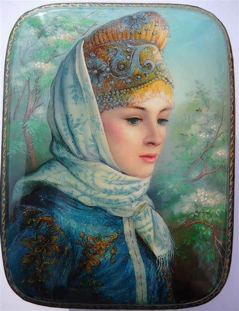 Russian lacquer miniature from the village of Fedoskino. Russian beauty in a kokoshnik. Russian ...