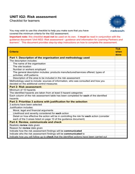 NEBOSH IG2 Checklist