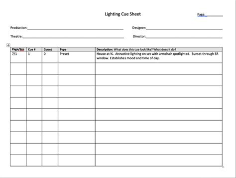 Lighting Cue Sheet Template