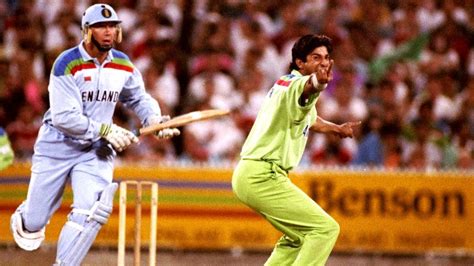 Wasim Akram knocks over two England batters in two balls in the 1992 ...