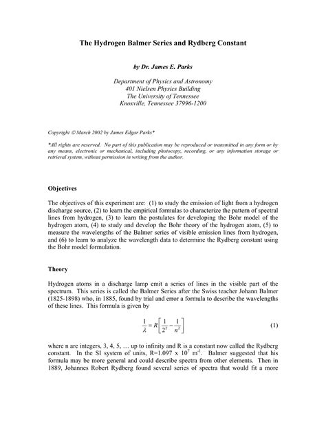 The Hydrogen Balmer Series and Rydberg Constant