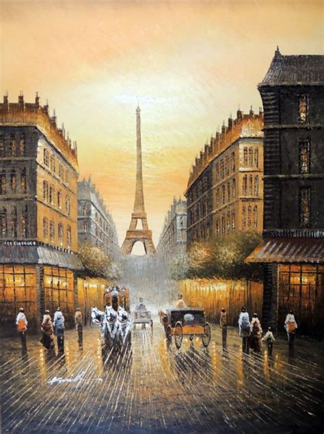 Painting: Paris French Eiffel Tower 1800S Shops Stretched Tall 36X48 Oil Canvas Painting ...