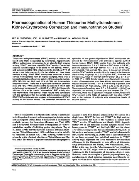 Pharmacogenetics of human thiopurine methyltransferase: kidney-erythrocyte correlation and ...