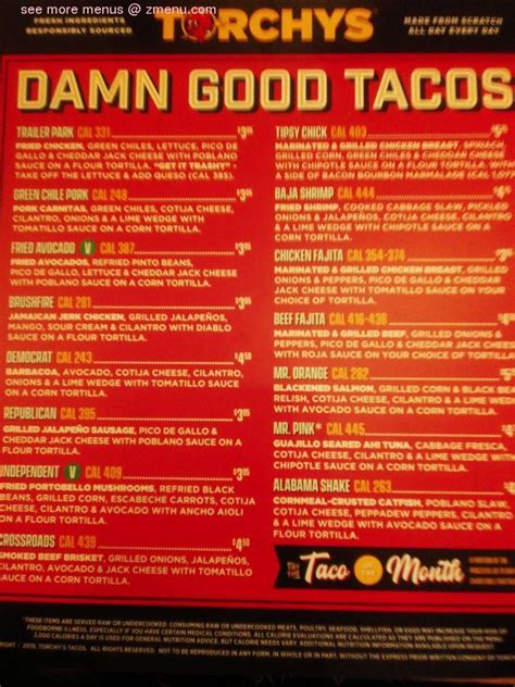 Menu at Torchy's Tacos restaurant, Richardson