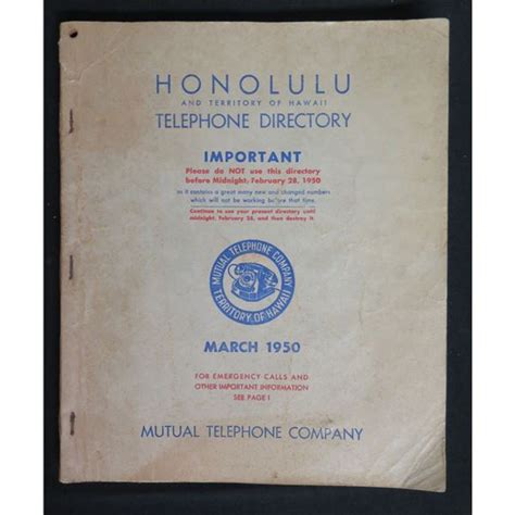 Honolulu & Territory of Hawaii Telephone Directory March 1950 Book - Oahu Auctions