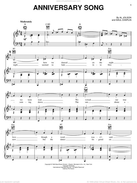 Anniversary Song sheet music for voice, piano or guitar (PDF)