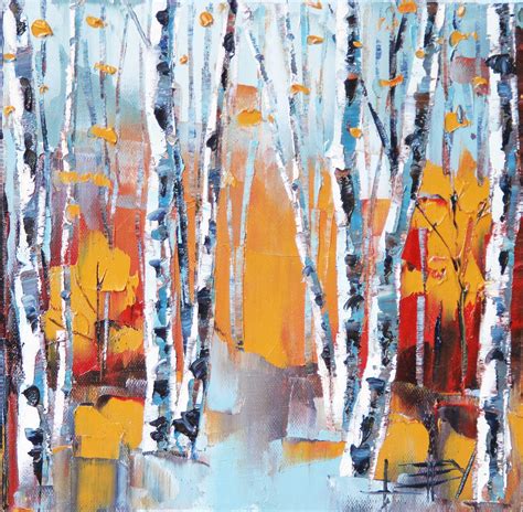 Painting Autumn Birch Tree, Large Aspen Birch tree painting,Colorful bright birches sun art ...