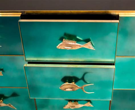 Bespoke Italian Art Design Brass Emerald Green Glass 9-Drawer Dresser Sideboard For Sale at 1stDibs