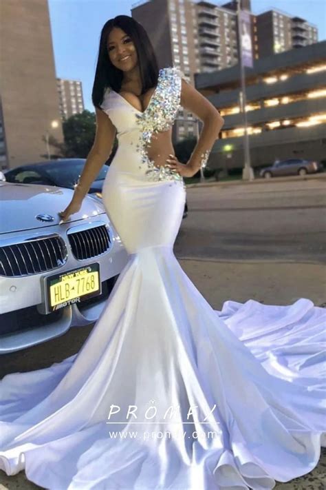 Asymmetrical Diamond Cut Out White Satin Prom Dress - Promfy