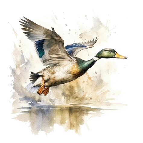 Premium AI Image | There is a watercolor painting of a duck flying over ...