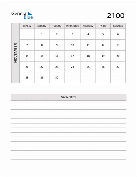 November 2100 Monthly Calendar (PDF, Word, Excel)