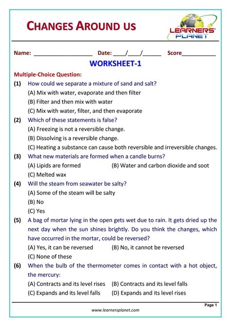 Grade 6 Changes Around Us Worksheet