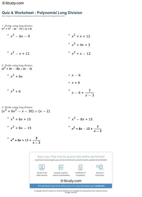 Polynomial Long Division Problems Worksheet | Long Division Worksheets