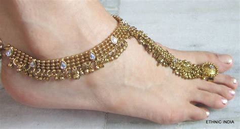 Buy ANTIQUE GOLD PAYAL ANKLET PAIR ATTACHED TOE RING Online