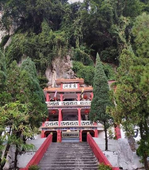 stairs lead up to the top of a building with trees on both sides and ...