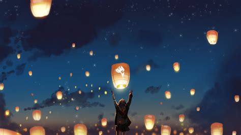 Lantern Night Clouds Lights Anime Stars Wallpaper,HD Anime Wallpapers,4k Wallpapers,Images ...