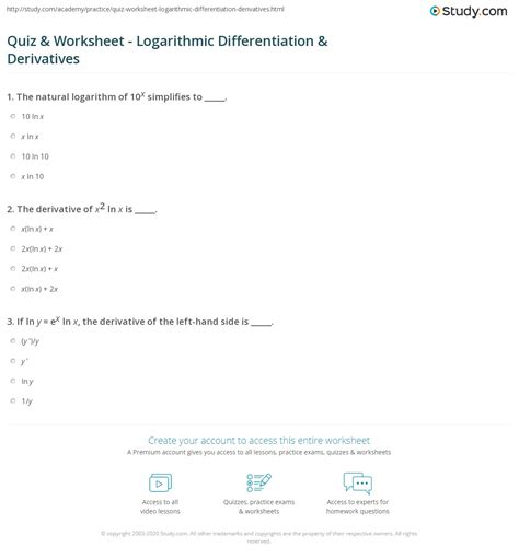 Quiz & Worksheet - Logarithmic Differentiation & Derivatives | Study.com