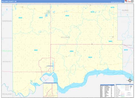 Williams County, ND Zip Code Wall Map Basic Style by MarketMAPS - MapSales