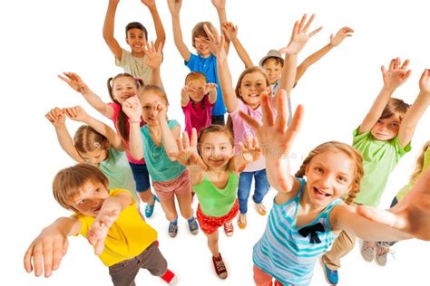 Cheering Kids Lifting Hands Up in Air Stock Photo - Image of ...