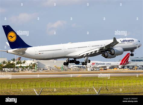 Lufthansa A340-600 landing in Miami MIA Stock Photo - Alamy