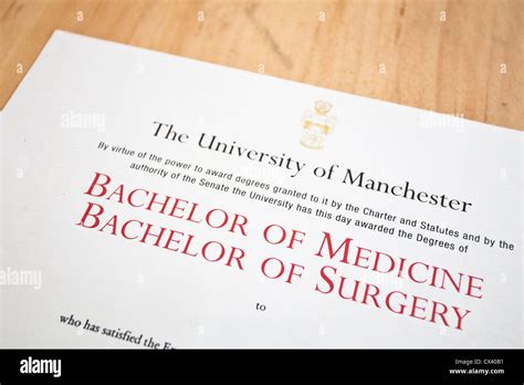 Medical degree certificate from Manchester University, UK Stock Photo ...